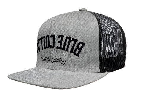 Troll Co. BC Bottoms Up flat brim trucker hat in gray heather and black