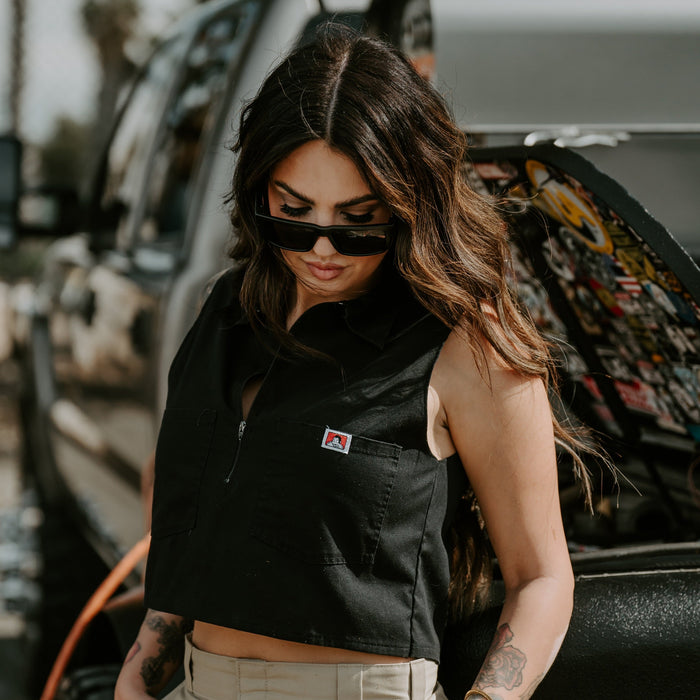 Women's cropped short sleeve work shirt by Ben Davis in solid black, main product view
