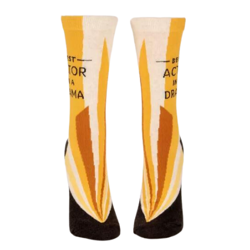 BEST ACTOR IN A DRAMA CREW SOCKS. Lots of gold shades with writing "BEST ACTOR IN A DRAMA"