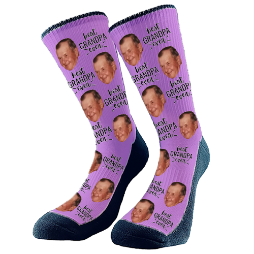 Custom socks with 'Best Grandpa Ever' text and a photo of Grandpa's face, printed on soft, colorful fabric.