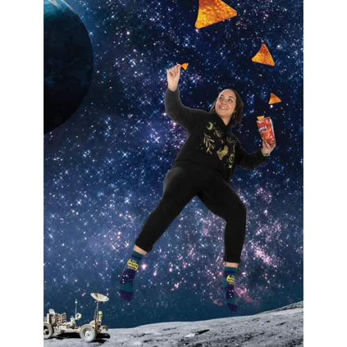 Ever just look up to the night sky and realize how teeny tiny we are and get the sudden and intense urge to go inside and Google what it all means? Women's shoe size 5-10. 55% nylon; 44% combed cotton; 1% spandex.