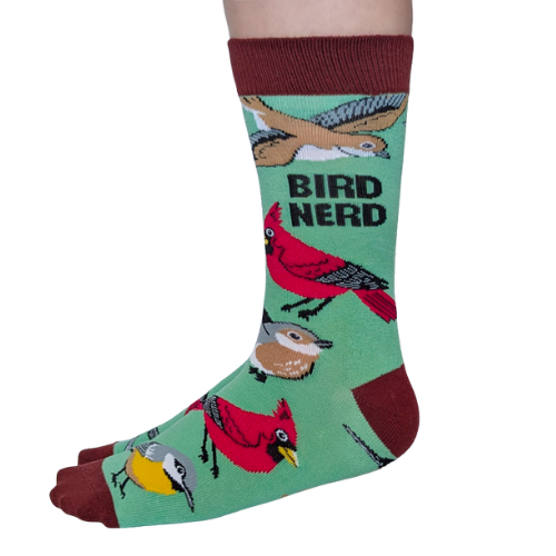 Sock with bird design and 'Bird Nerd' text on a green background