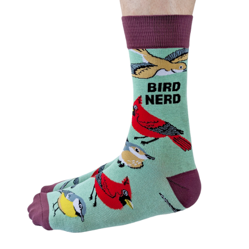 Bird Nerd men’s socks – novelty socks with colorful bird illustrations and fun text