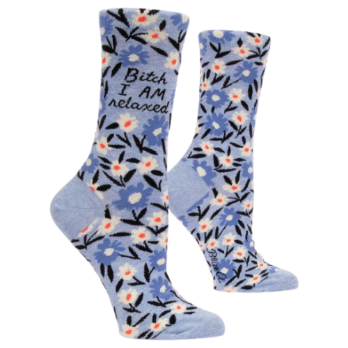 Bitch I Am Relaxed - Sock Bar. Blue background with flower pattern. Writing on socks says "Bitch I AM relaxed" Order with free shipping through The Sock Bar