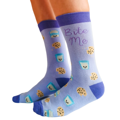 Bite Me Women's Socks. Purple socks with cookies and Milk pattern. Socks designed in Canada. Reinforced Stitchng, Vibrant Colors. 70% Cotton. It's time for a revolution of fun socks for our Canadian Sock Lovers!