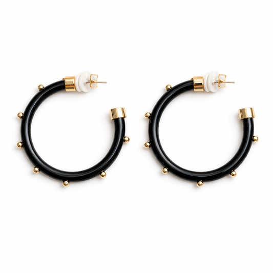 Black with Gold Balls Hoop Earrings