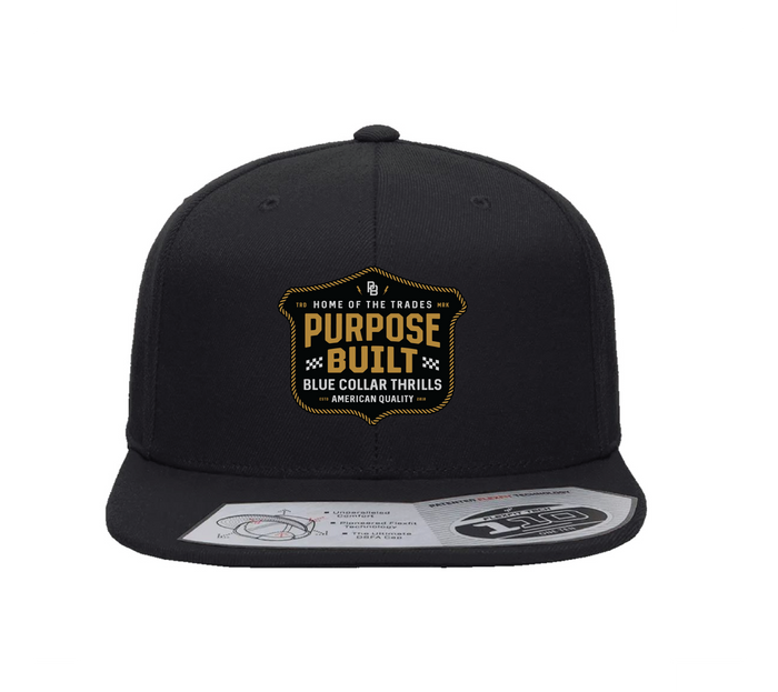 Purpose-Built Blue Collar Thrills snapback hat in black on black