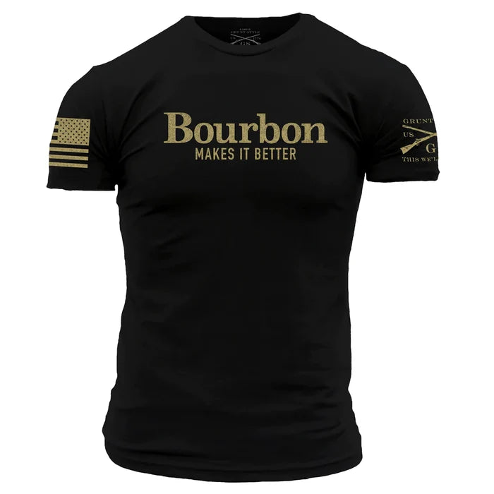 Grunt Style Bourbon Makes It Better graphic tee in black, front view