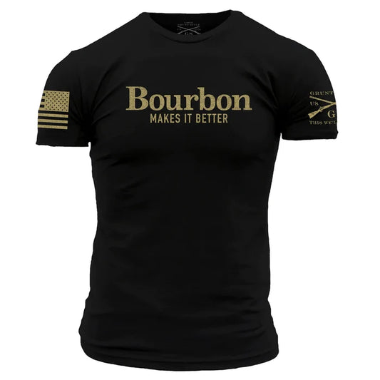 Grunt Style Bourbon Makes It Better graphic tee in black, front view