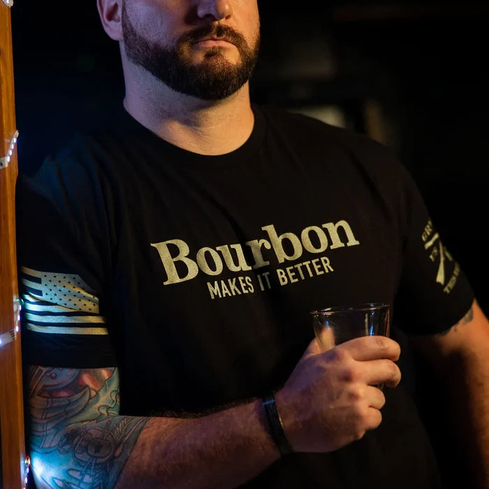 Grunt Style Bourbon Makes It Better tee in black shown on a model