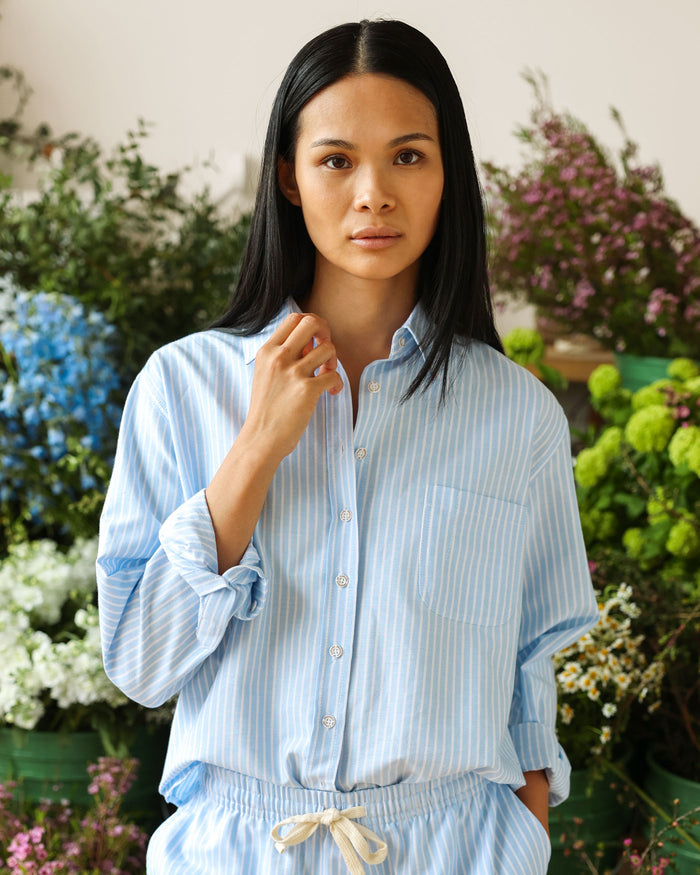 Made in Canada 100% Cotton Boxy Oxford Wide Stripe Shirt Blue - Womens - Province of Canada