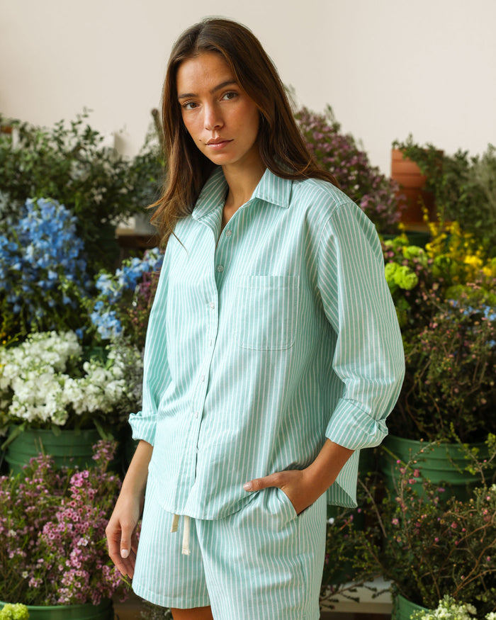 Made in Canada 100% Cotton Boxy Oxford Wide Stripe Shirt Green - Womens - Province of Canada