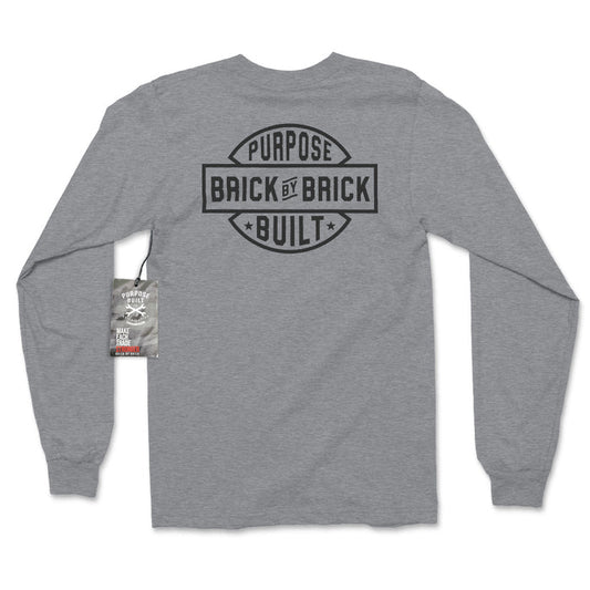 Purpose-Built Brick By Brick long sleeve tee in ash, detail of the neck tag