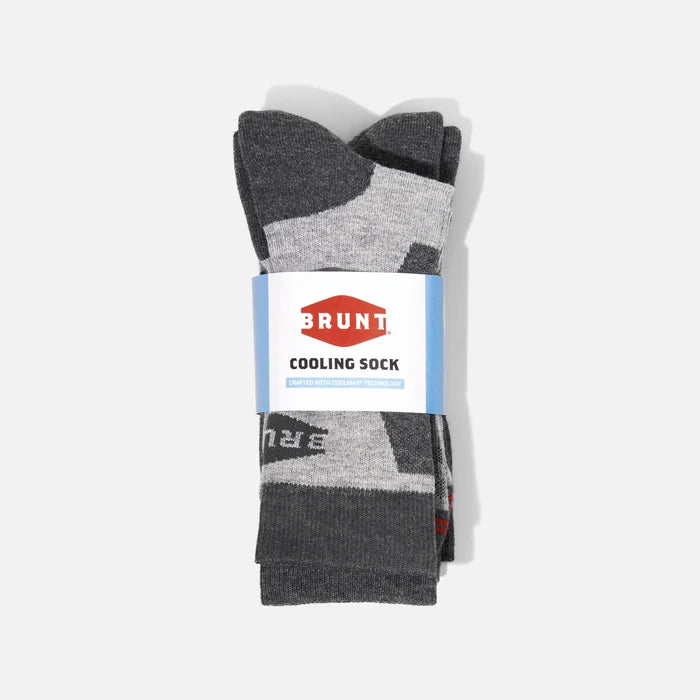 Cooling work socks by BRUNT in dark grey heather, overhead laydown view of the two pack