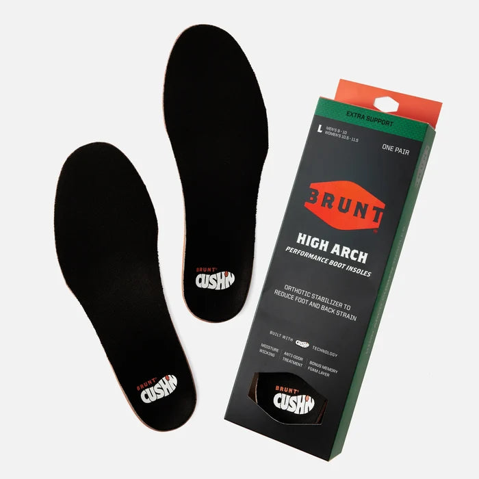 High Arch Cush'n work boot insole by BRUNT shown in retail packaging, main product view