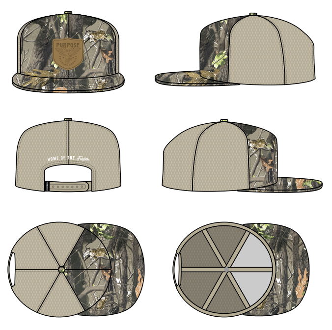 Building America flat brim mesh back snapback hat in camo, main product view of the front