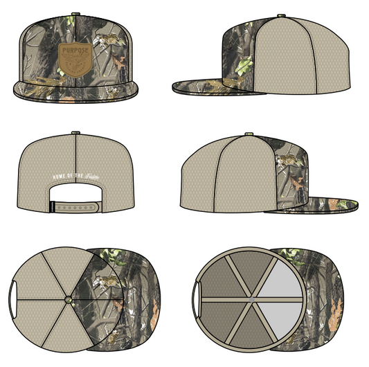 Building America flat brim mesh back snapback hat in camo, main product view of the front
