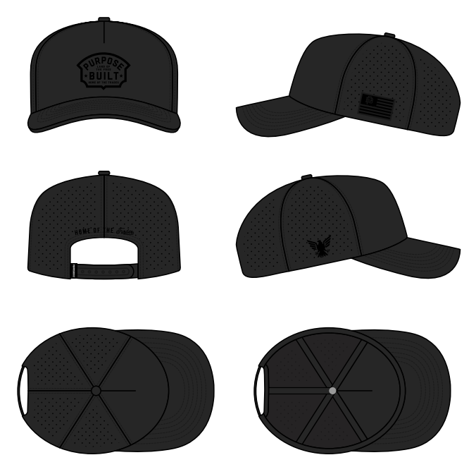 Cadillac performance curved brim snapback hat in black, main product view of the front panel