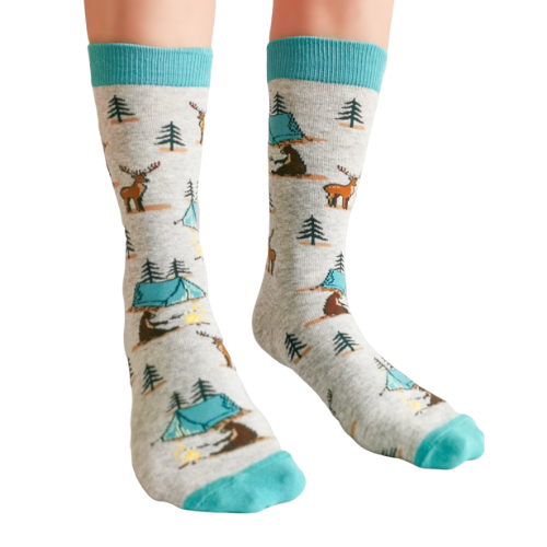 Camping Queen Women's Socks. Moose and Bears camping with tent and tree pattern.  Socks designed in Canada. Reinforced Stitchng, Vibrant Colors. 70% Cotton. It's time for a revolution of fun socks for our Canadian Sock Lovers!