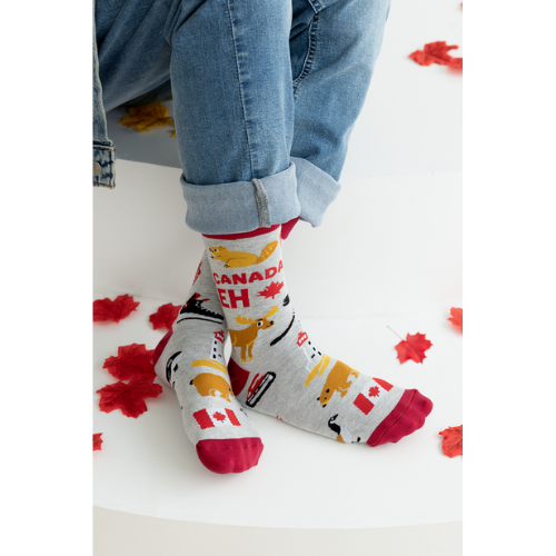 Canada Eh men’s socks – fun Canadian-themed socks with maple leaf and ‘Eh’ text