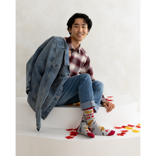 Canada Eh men’s socks – fun Canadian-themed socks with maple leaf and ‘Eh’ text