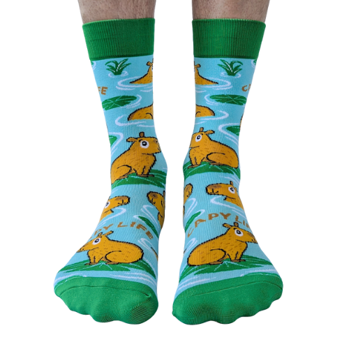 Capy Life men’s socks – fun socks featuring relaxed capybara illustrations and chill vibe