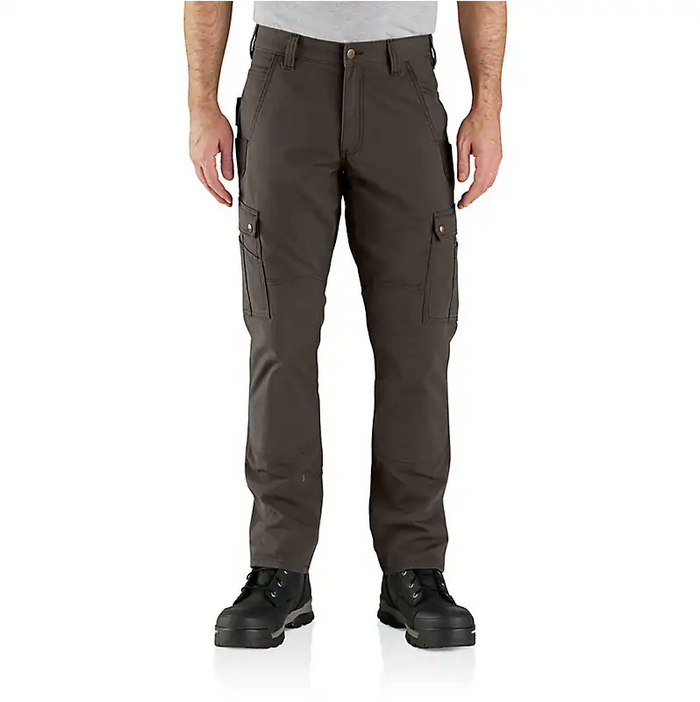 Carhartt Rugged Flex ripstop cargo work pant in dark coffee, relaxed fit, front view