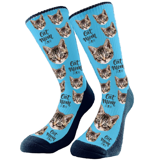 custom socks for the Cat Mom who is in love with her cat. Add a background color and upload your picture(s).