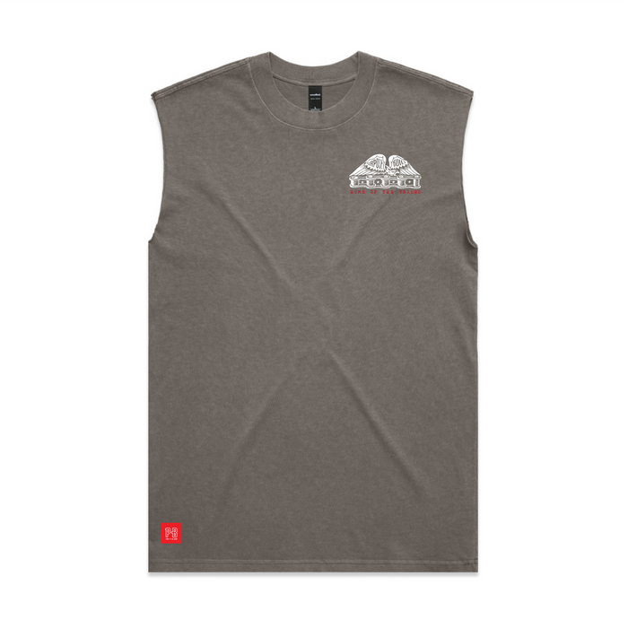 Chain of Labor sleeveless muscle tank in faded grey, alternate product view of the print