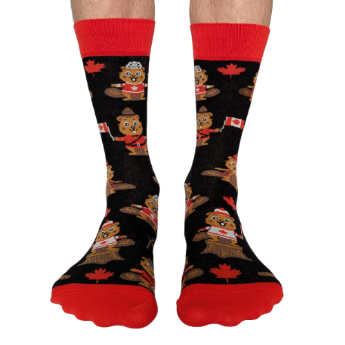 Men’s socks featuring Chuck the Canuck – playful Canadian character with patriotic flair
