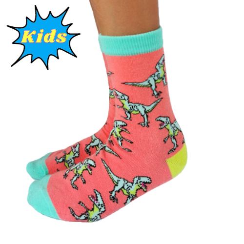 CLASSIC JURASSIC SOCKS - KIDS'. Pink background with t-rex pattern all over the socks. Teal toes and top of socks with lime green heal.