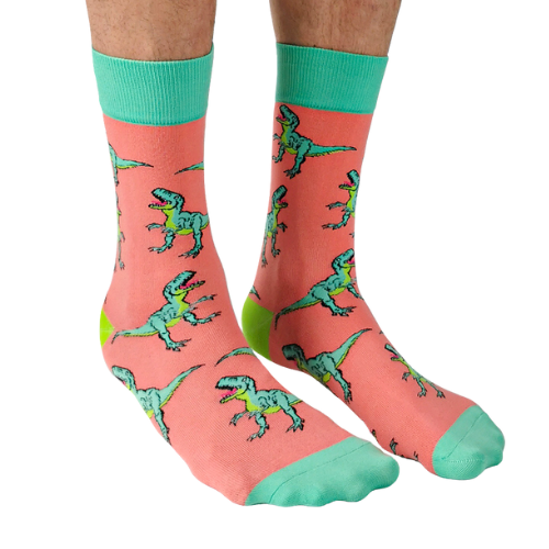 Pink socks with green dinosaur pattern worn by a person on a white background