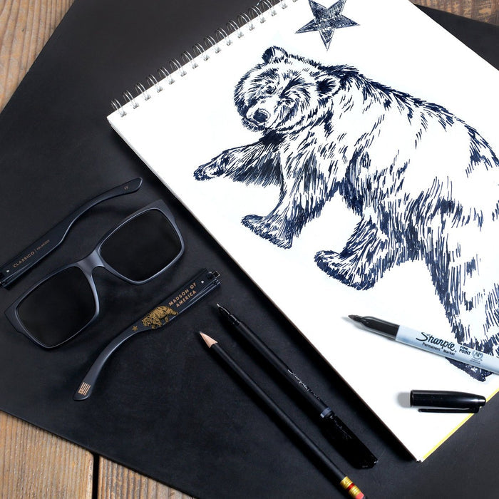 Madson Classico California Bear sunglasses shown flat lay with case