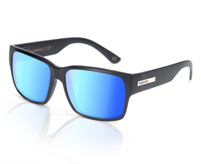 Madson Classico sunglasses in black matte with Pacific Blue chrome lens, alternate product view