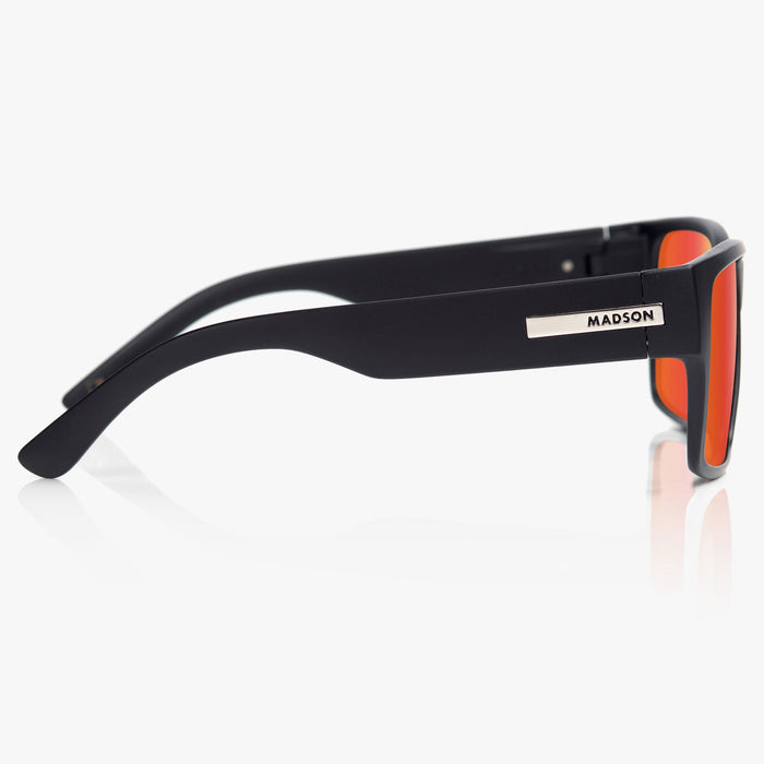 Madson Classico sunglasses in black matte with red chrome polarized lens, additional product view