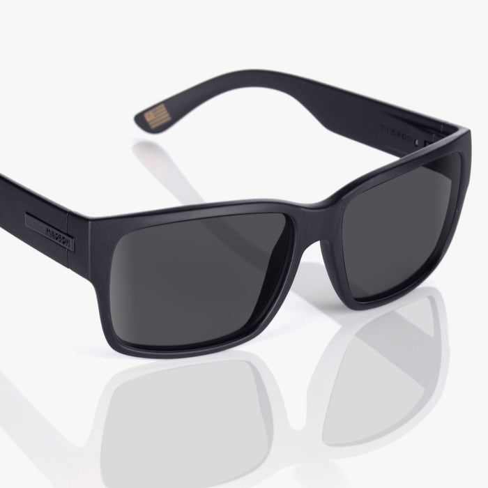 Madson Classico sunglasses in black on black with grey polarized lens, additional product view
