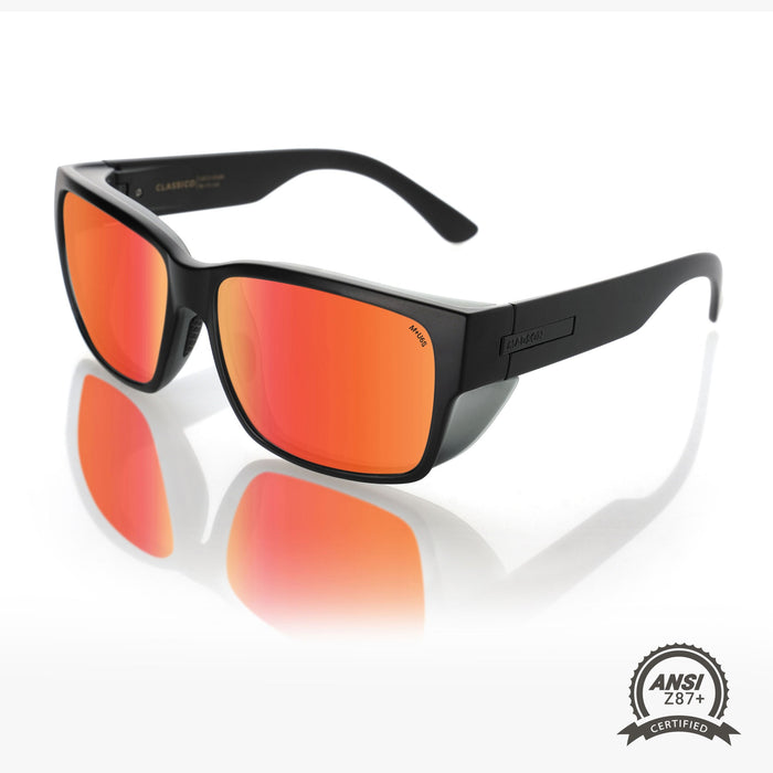 Madson Classico Pro Z87+ sunglasses in black on black with red chrome polarized lens, angled view