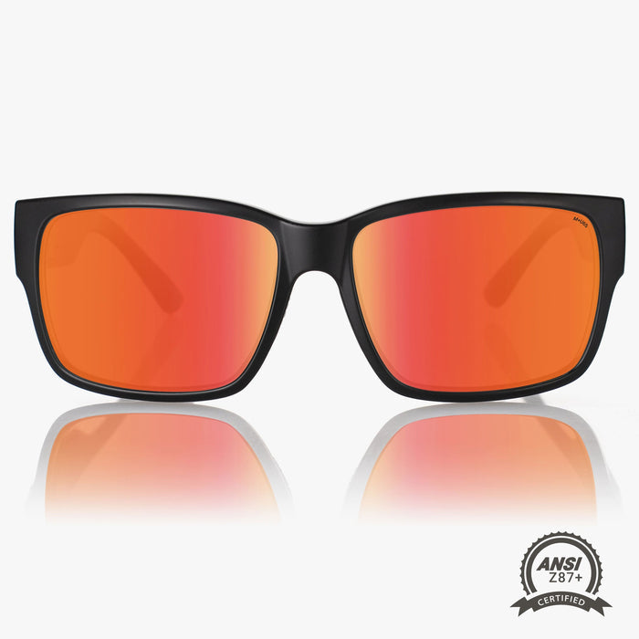 Madson Classico Pro ANSI Z87+ safety sunglasses in black on black with red chrome polarized lens, front view