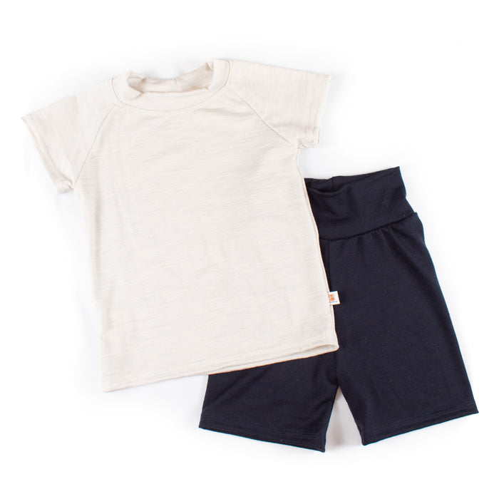 Kids' cream t-shirt and black shorts set, handmade by TK Clothing Inc, North Saanich BC
