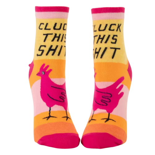 Bright horizontal wide stipes with a pink rooster on the front part with writing "cluck this shit" on ankle socks