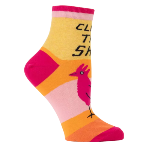 Bright horizontal wide stipes with a pink rooster on the front part with writing "cluck this shit" on ankle socks