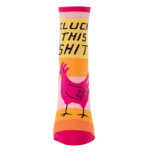 Bright horizontal wide stipes with a pink rooster on the front part with writing "cluck this shit" on ankle socks