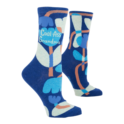 Women’s crew socks featuring the phrase ‘Cool-Ass Grandma’ in a fun, colorful design.