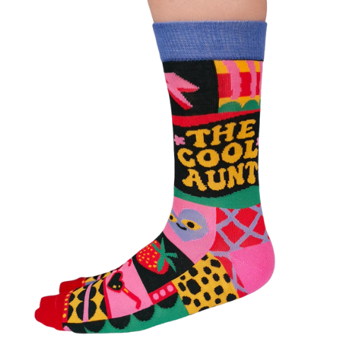 Custom 'Cool Aunt' socks, featuring a fun and vibrant design, perfect for gifting to your favorite aunt.
