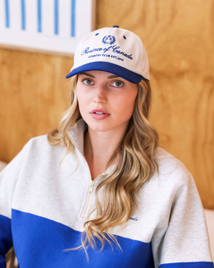 Made in Canada 100% Cotton Country Club Baseball Hat Natural Royal Blue - Province of Canada