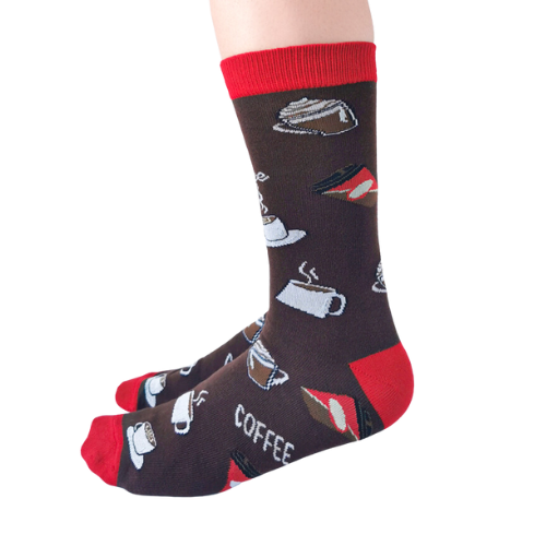 The Uptown Sox offers fun and colorful novelty socks that will bring excitement to your wardrobe and your life.  Coffee cups and mugs pattern with brown background color and red on the top, heals and toes.