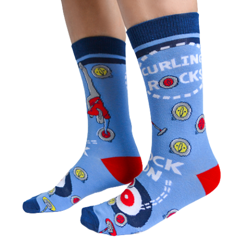 Curling Rocks (For Her) - Sock Bar. Blue Background with curler pushing rock to the end on the socks. Buy online Women's Novelty Socks.