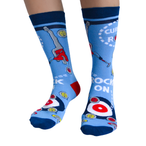 Curling Rocks (For Her) - Sock Bar. Blue Background with curler pushing rock to the end.