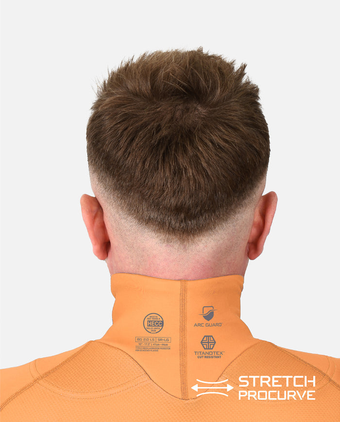Back view of a person wearing an titan battlegear neck guard shirt