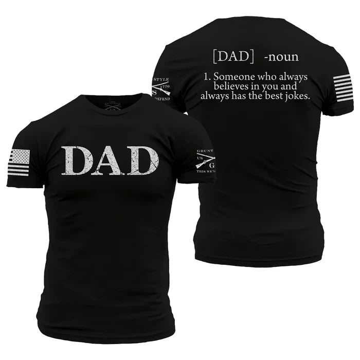 Grunt Style Dad Defined graphic tee in black, front and back views
